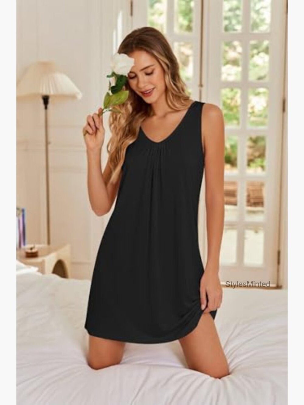 Women's Sleeveless Nightgown Bamboo Viscose Sleep Dress V-Neck Tank - Picture 3 of 7